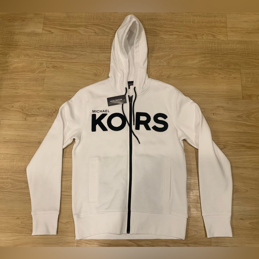 Michael Kors Men’s Embroidered Big Logo Cotton Blend Full-Zip Hoodie White S-XL